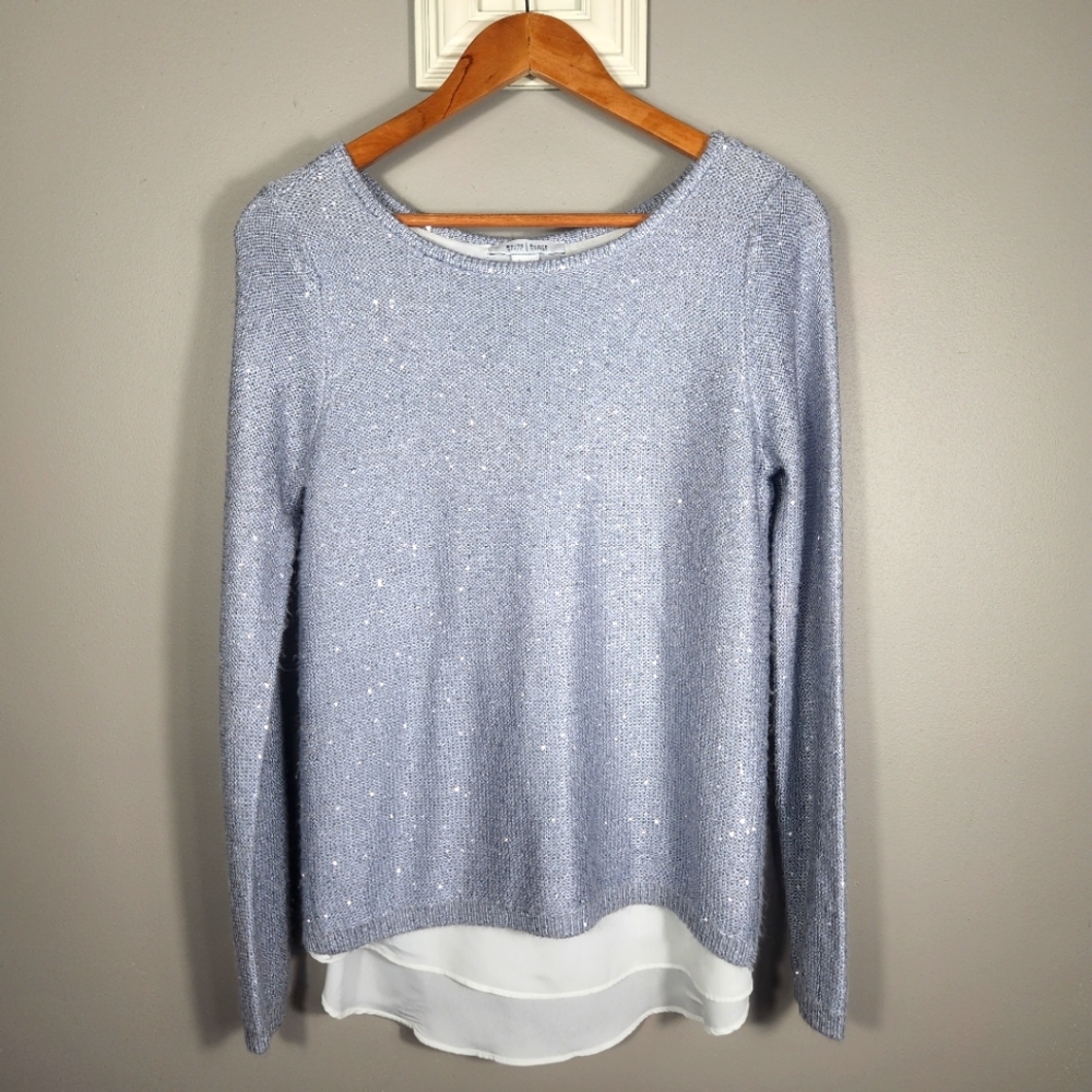 White House Black Market S Sequin Silver Double Layer Sweater Slit in Back